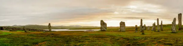 Panoramic view of Callanish standing stones at Sunset, Isle of Lewis, Outer Hebrides, Scotland