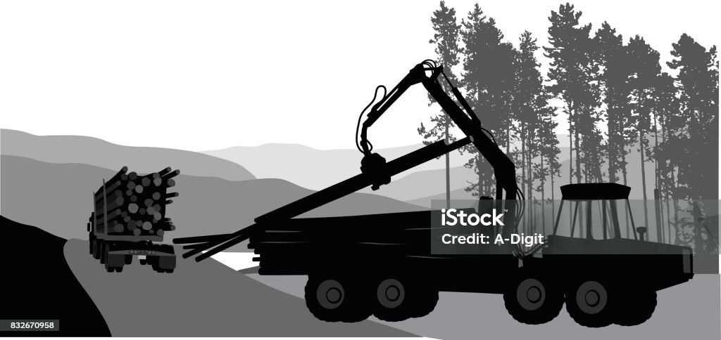 Cut Block Loggers Silhouette drawing of a truck loading some logs with a mechanical arm Lumber Industry stock vector