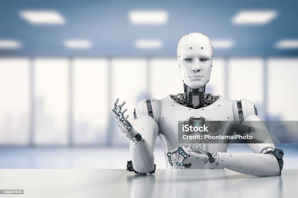 robot sitting behind table 3d rendering humanoid robot sitting behind table on white background Robot Stock Photo