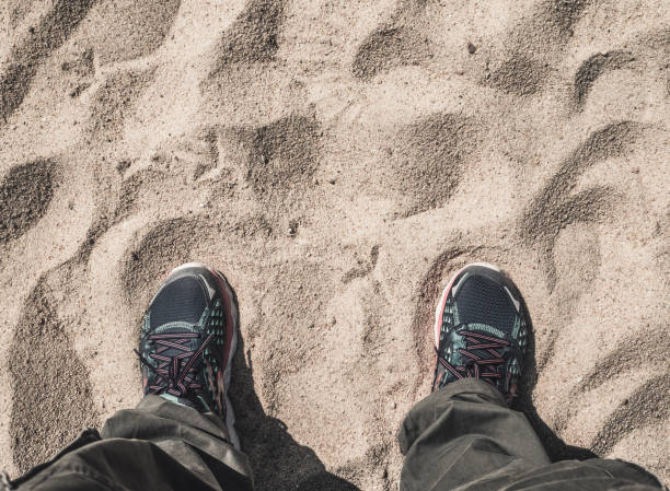 istock Aerial view of shoe standing on sand,Leave space for adding text,Adventure mood 832671706