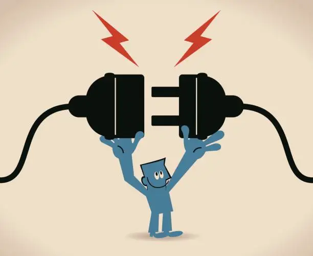 Vector illustration of One businessman holding huge wired electrical plug and socket ready to establish connection