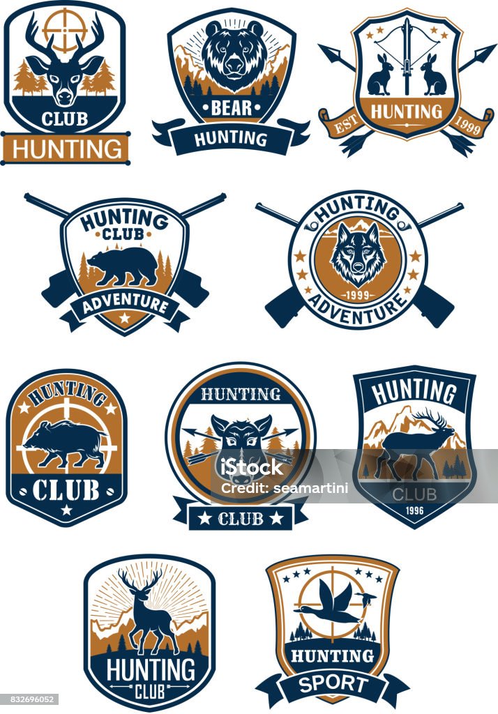Chasse sport symbole et hunter club insigne ensemble - clipart vectoriel de Logo libre de droits