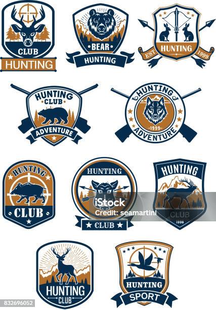 Chasse Sport Symbole Et Hunter Club Insigne Ensemble Vecteurs libres de droits et plus d'images vectorielles de Logo