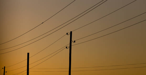 istock Electric wires on yellow sunset as background 832718728