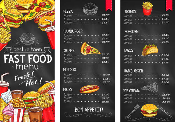 ilustraciones, imágenes clip art, dibujos animados e iconos de stock de plantilla de menú de pizarra de restaurante de comida rápida - hamburger refreshment hot dog bun