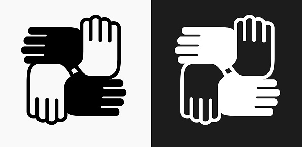 Hands United Icon on Black and White Vector Backgrounds. This vector illustration includes two variations of the icon one in black on a light background on the left and another version in white on a dark background positioned on the right. The vector icon is simple yet elegant and can be used in a variety of ways including website or mobile application icon. This royalty free image is 100% vector based and all design elements can be scaled to any size.