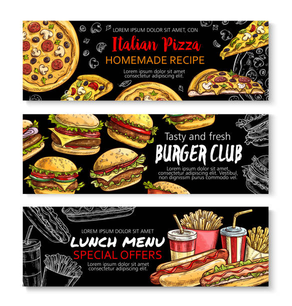 ilustraciones, imágenes clip art, dibujos animados e iconos de stock de comida rápida menú oferta pizarra banner conjunto - hamburger refreshment hot dog bun