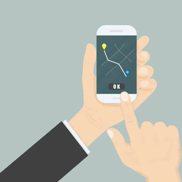 Vector illustration of Hand and mobile smart phone with map GPS navigation application interface on the screen.Map GPS navigation application.Map Location Information Web Layout Concept.
