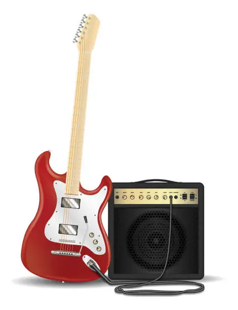 Vector illustration of real red electric guitar with guitar amplifier