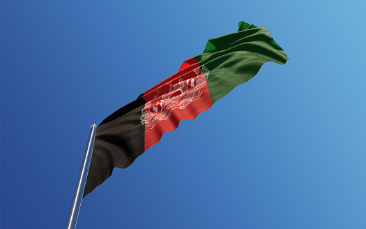 High quality 3d render of an Afghani  flag waving with wind on a blue sky. Low angle view with copy space. Clipping path is included. Great use for Afghani politics and Afghani culture related concepts. Horizontal composition.