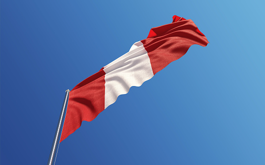 High quality 3d render of a Peruvian flag waving with wind on a blue sky. Low angle view with copy space. Clipping path is included. Great use for Peruvian  politics and Peruvian culture related concepts. Horizontal composition.