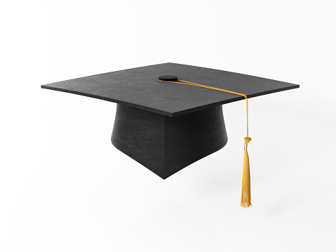 A class of 2024 charm on a yellow tassel on a black graduation cap, isolated on a white background.