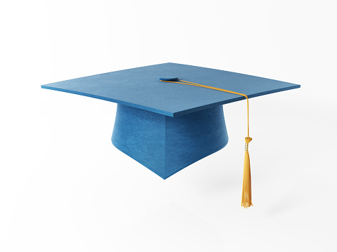 High quality 3d render of a blue mortarboard isolated on white background. Horizontal composition with copy space. Clipping path is included.