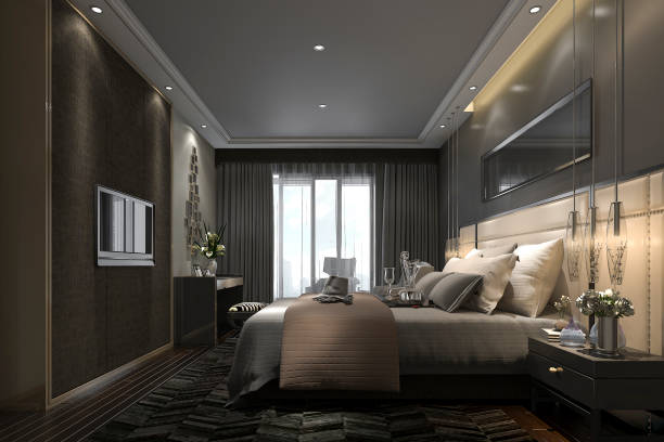 istock 3d rendering black luxury modern bedroom suite in hotel and resort 832880412