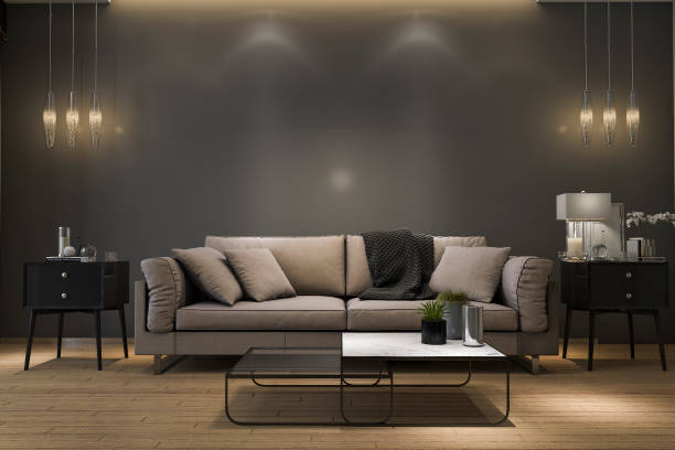istock 3d rendering retro luxury  sofa in minimal black living room with lamp 832880430