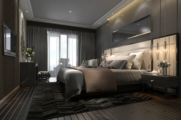 istock 3d rendering black luxury modern bedroom suite in hotel and resort 832880896