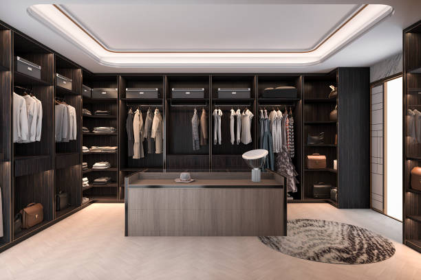 istock 3d rendering minimal scandinavian wood walk in closet with wardrobe 832881298