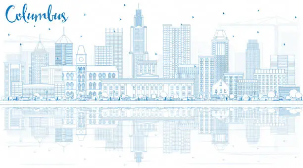 Vector illustration of Outline Columbus Skyline with Blue Buildings and Reflections.