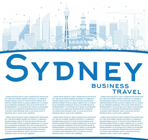 Vector illustration of Outline Sydney Australia Skyline with Blue Buildings and Copy Space.