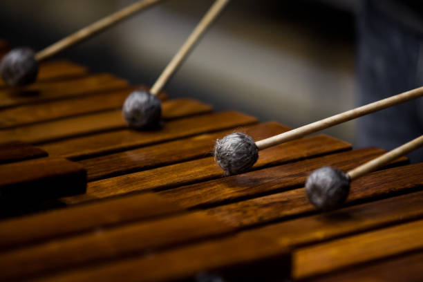 Marimba fragment closeup Drum sticks hitting the marimba closeup marimba stock pictures, royalty-free photos & images