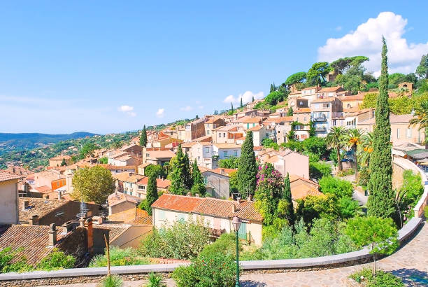 High side view of beautiful village in France. stock photo