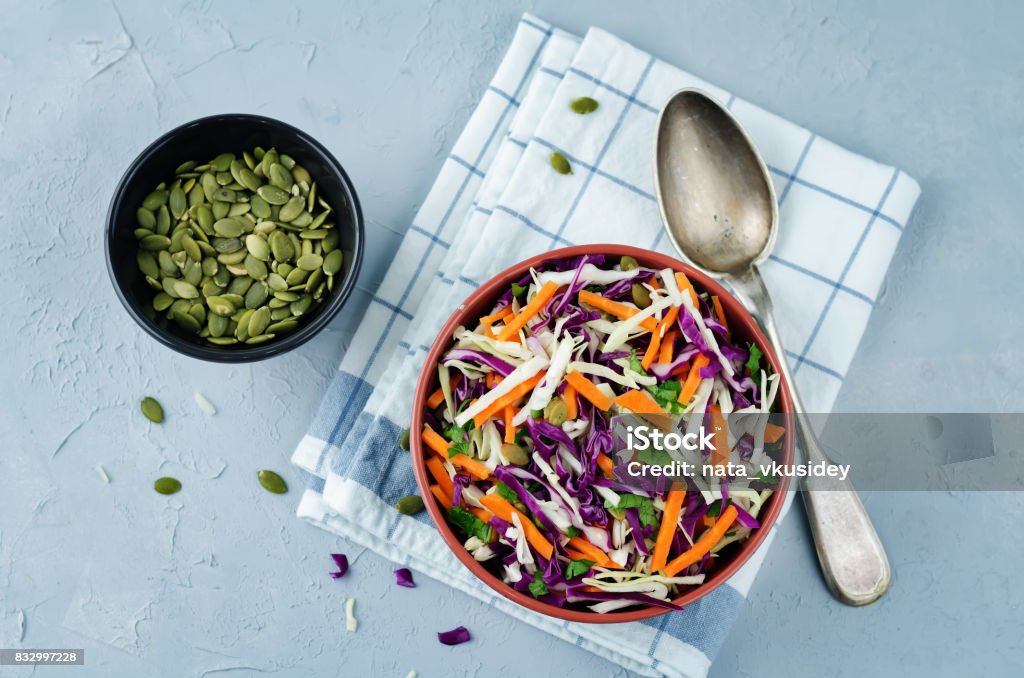 Cabbage carrot pumpkin seed slaw Cabbage carrot pumpkin seed slaw. toning. selective focus Appetizer Stock Photo