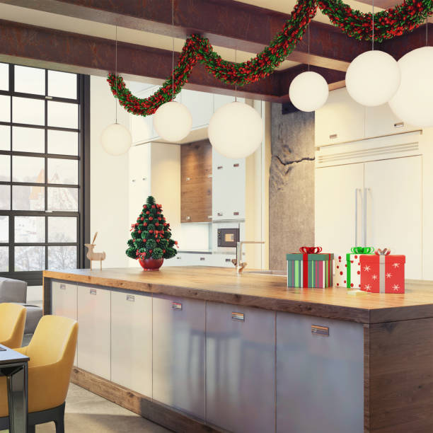 istock Modern loft apartment interior dining and kitchen room with Christmas decoration 833005532