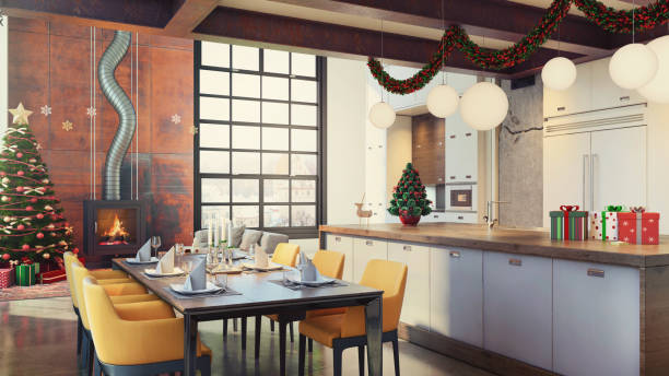 istock Modern loft apartment interior dining and kitchen room with Christmas decoration 833005550