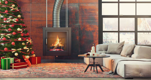 istock Christmas interior with a fireplace, Christmas tree with presents and armchair 833005552