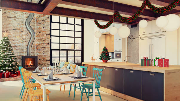 istock Modern loft apartment interior dining and kitchen room with Christmas decoration 833005574