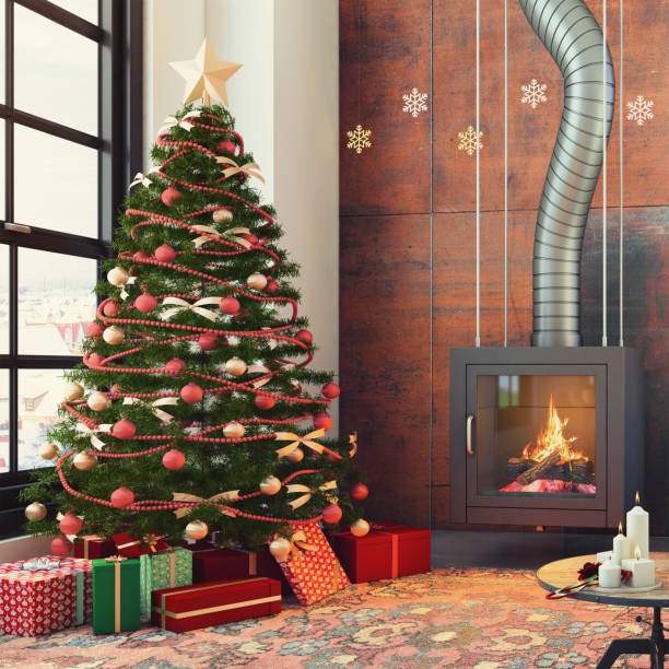 istock Christmas interior with a fireplace, Christmas tree with presents and armchair 833005596