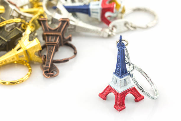 Souvenir key chain of mini eiffel tower (Tour Eiffel) on white background.