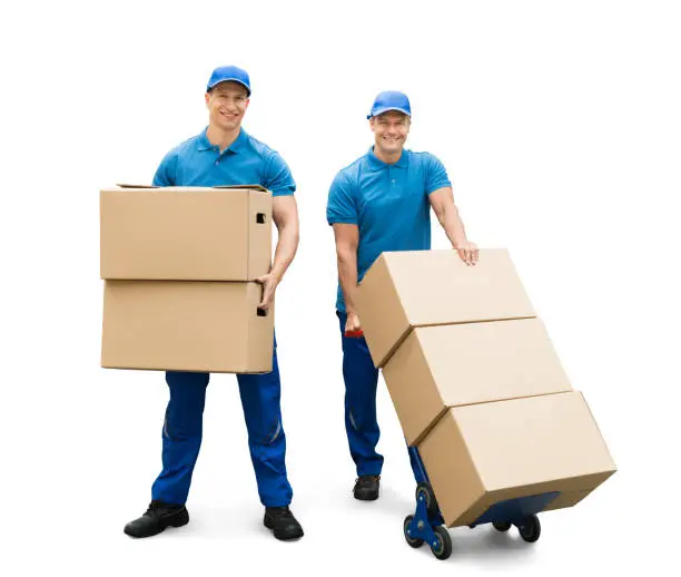 Photo of Two Delivery Men With Cardboard Boxes