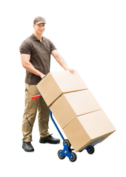istock Delivery Man Holding Trolley With Cardboard Boxes 833064094