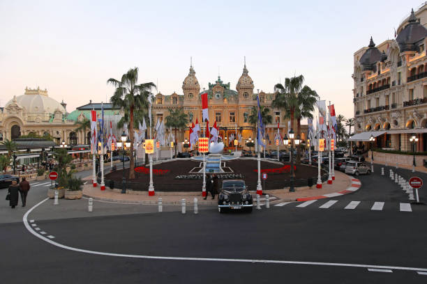 Monaco, Monte-Carlo, 12 November 2022: Festive fireworks at a wedding celebration on the square of the famous Casino Monte-Carlo is at night, attraction night illumination