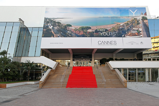 CANNES, FRANCE - JANUARY 20: Grand Auditorium Cannes on JANUARY 20, 2012. Red carpet stairway at Palais des Festivals et des Congres in Cannes, France.