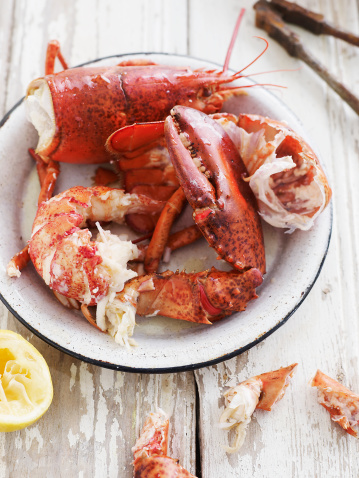 Grilled Spiny lobster with salad on a plate. Black background. Top view.