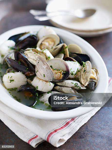 Mussels Scallops Clams In Broth Stock Photo - Download Image Now - Mussel, Clam - Seafood, Crustacean