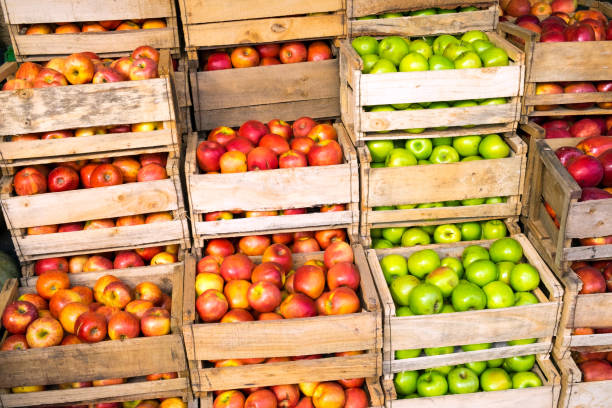 Fresh apples in wooden boxes for sale at a market in Valparaiso, Chile