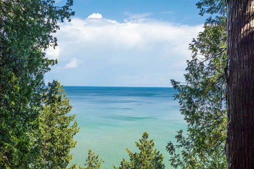 A view of Lake Huron from Arch Rock trail on Mackinac Island in Northen Michigan, USA
