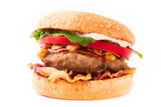istock Bacon homemade cheeseburger isolated on white background 833162010