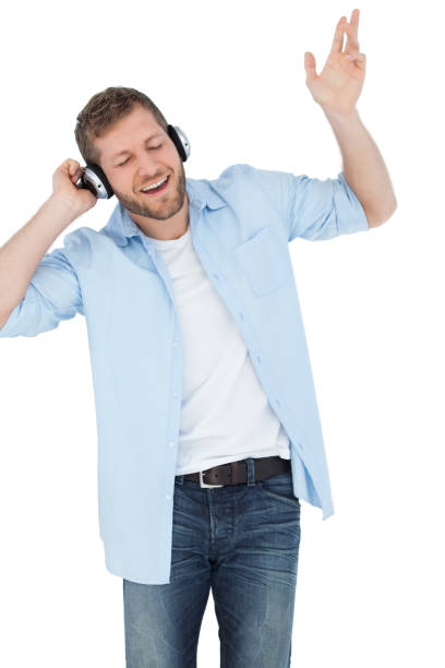 istock Cool trendy model listening to music and singing 833174744