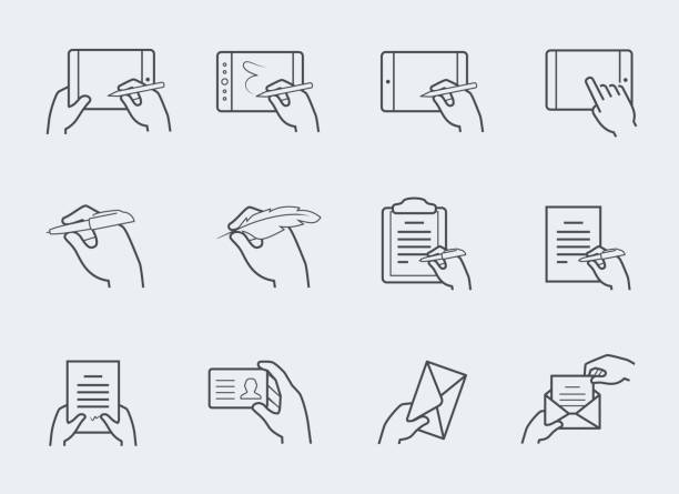 Thin line icon set of hands holding and interacting with objects Thin line icon set of hands holding and interacting with objects telephone card stock illustrations