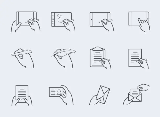 Vector illustration of Thin line icon set of hands holding and interacting with objects