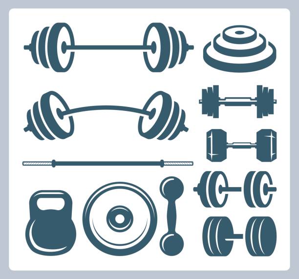 illustrazioni stock, clip art, cartoni animati e icone di tendenza di set di pesi sportivi per bodybuilding, fitness ed sollevamento pesi - bilanciere