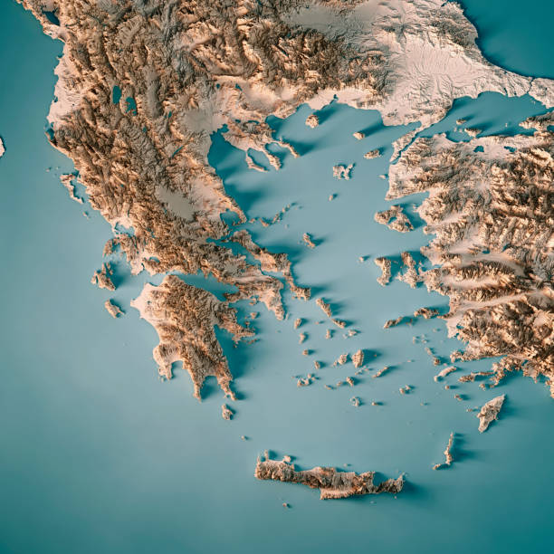 Greece Country 3D Render Topographic Map Neutral 3D Render of a Topographic Map of Greece.
All source data is in the public domain.
Relief texture and Rivers: SRTM data courtesy of USGS. URL of source image: 
https://e4ftl01.cr.usgs.gov//MODV6_Dal_D/SRTM/SRTMGL1.003/2000.02.11/
Water texture: SRTM Water Body SWDB:
https://dds.cr.usgs.gov/srtm/version2_1/SWBD/ aegean islands stock pictures, royalty-free photos & images