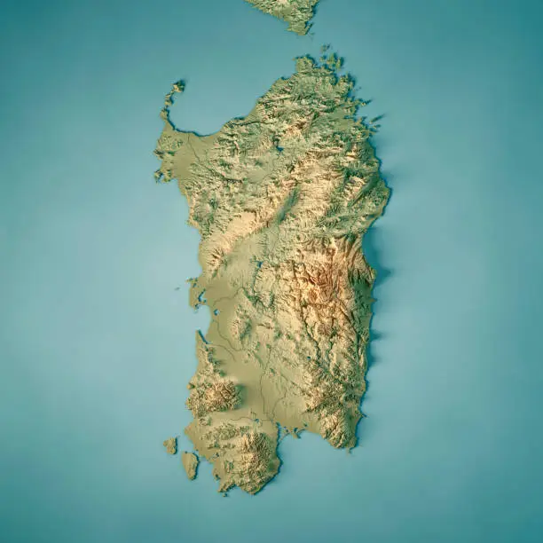 3D Render of a Topographic Map of Sardinia Island, Italy.
All source data is in the public domain.
Color texture: Made with Natural Earth. 
http://www.naturalearthdata.com/downloads/10m-raster-data/10m-cross-blend-hypso/
Relief texture and Rivers: SRTM data courtesy of USGS. URL of source image: 
https://e4ftl01.cr.usgs.gov//MODV6_Dal_D/SRTM/SRTMGL1.003/2000.02.11/
Water texture: SRTM Water Body SWDB:
https://dds.cr.usgs.gov/srtm/version2_1/SWBD/