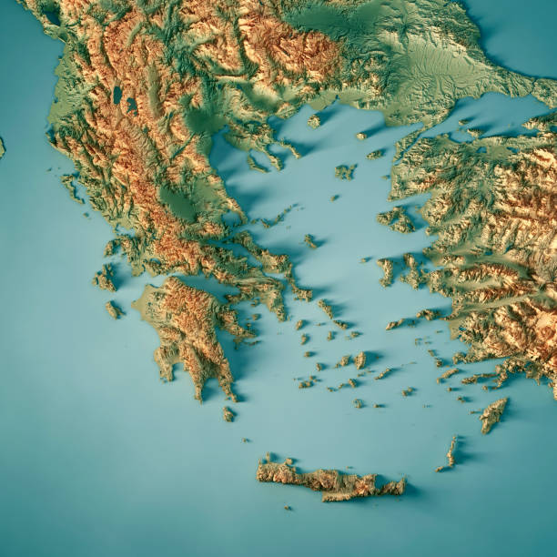 grecia país 3d render mapa topográfico - mediterranean sea sea greece mediterranean countries fotografías e imágenes de stock