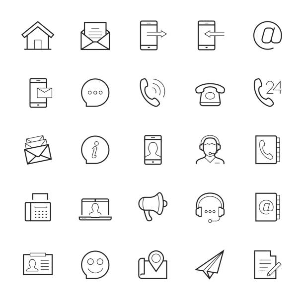 ilustrações, clipart, desenhos animados e ícones de contacte-nos icon set vector em estilo de linha fina no fundo branco - business form smart phone customer