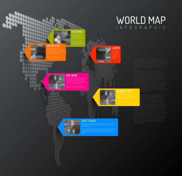 World map template with photo pins Vector World map template with pointers and photo placeholders - dark version mapa stock illustrations